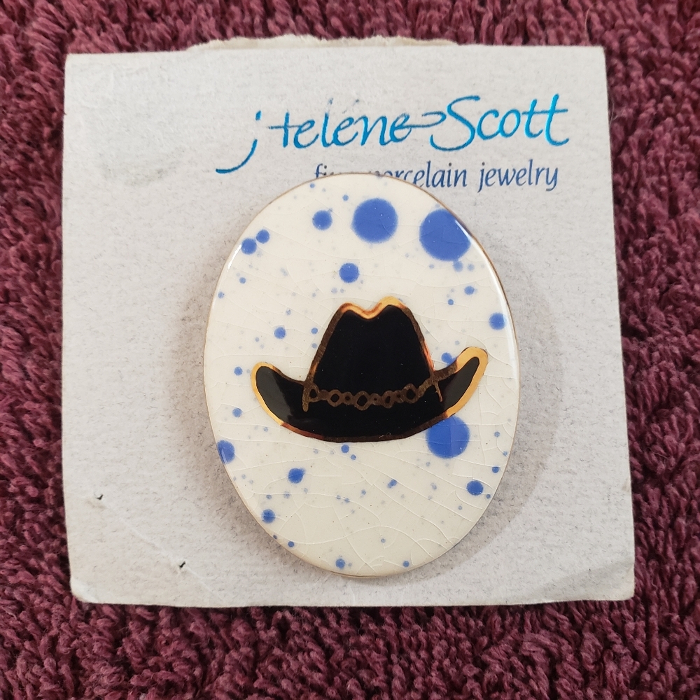 Vintage Fine Porcelain Brooch Helene Scott Cowboy Hat Pin USA Handmade